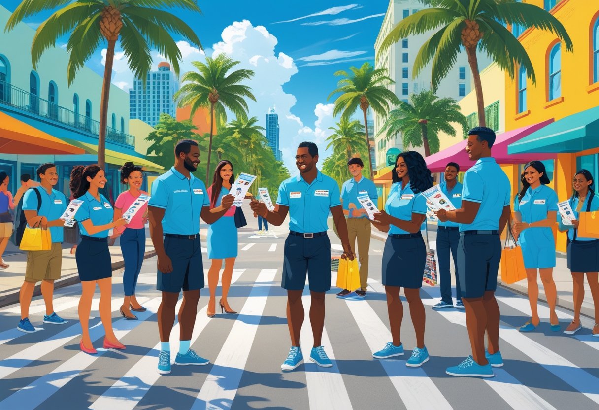 People handing out flyers to pedestrians on a sunny Miami street with palm trees and colorful buildings in the background.