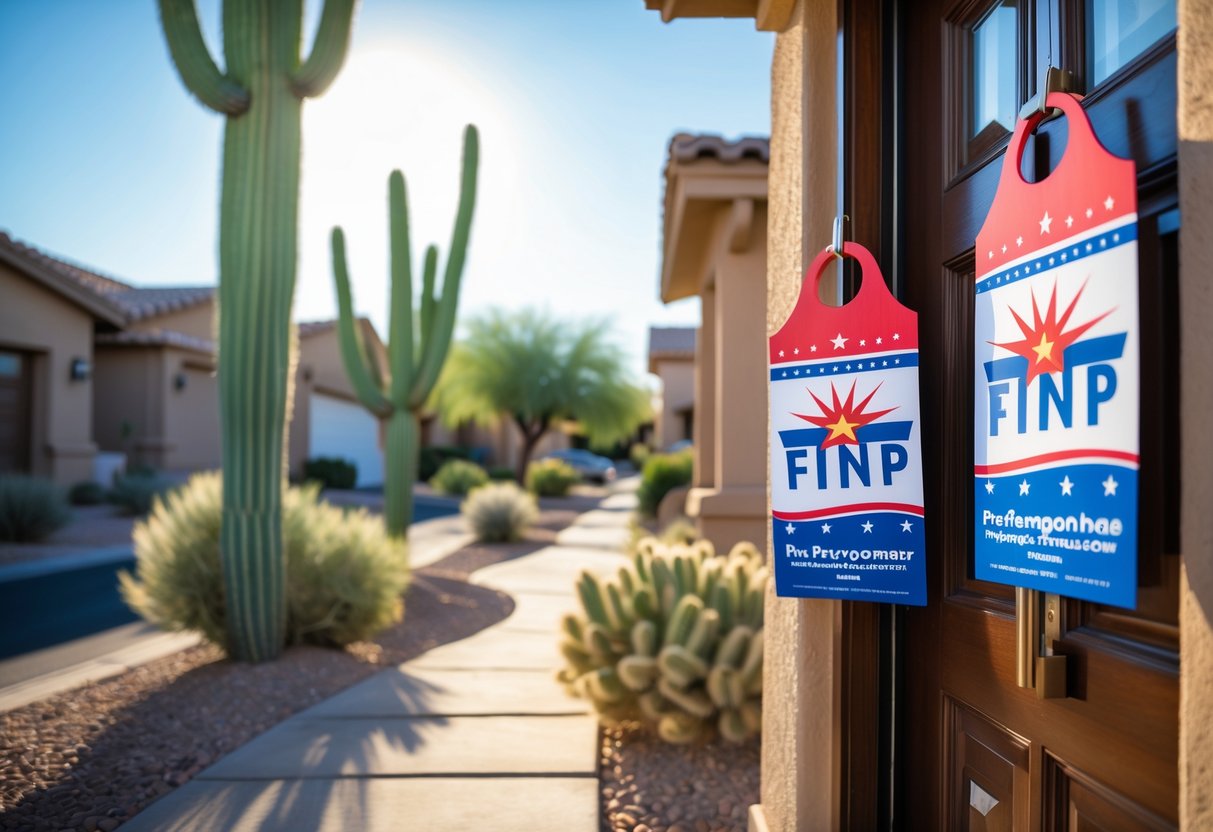 Close-up of political door hangers hanging on front door handles in a sunny suburban neighborhood with desert plants.