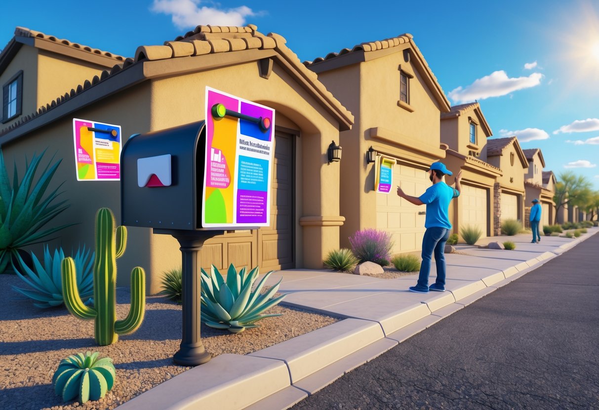 A residential street in Arizona with a person delivering colorful flyers hanging on door handles, surrounded by desert plants and Southwestern-style houses.