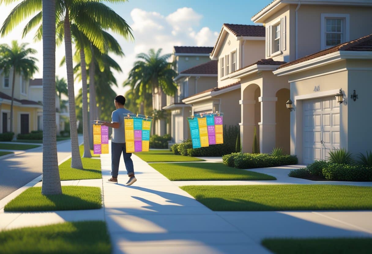 A person walking along a sunny suburban street in Hollywood, Florida, carrying door hangers and placing them on front doors of houses surrounded by palm trees.