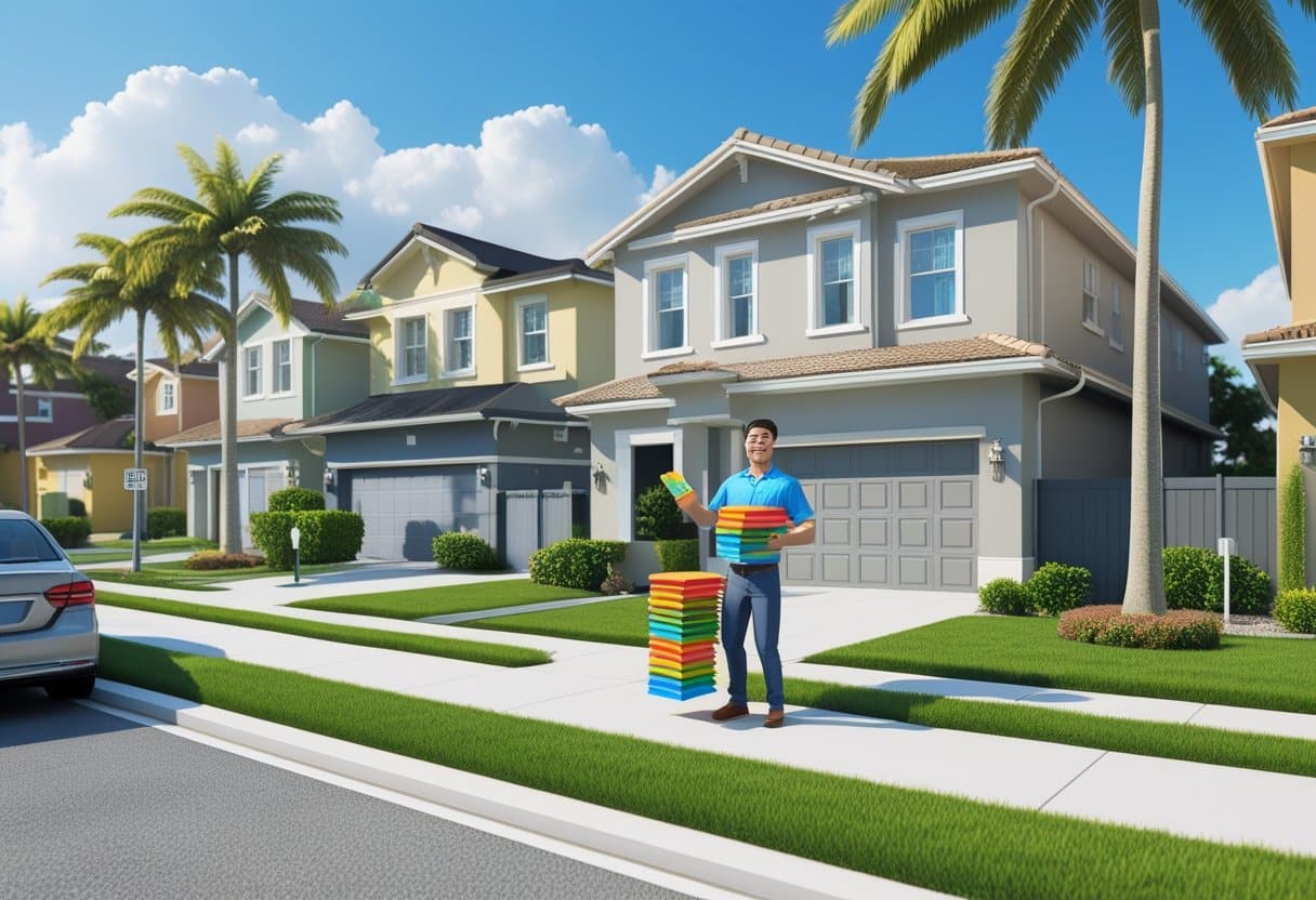 A person holding door hangers stands on a sunny residential street in Hollywood, Florida, near houses with palm trees.