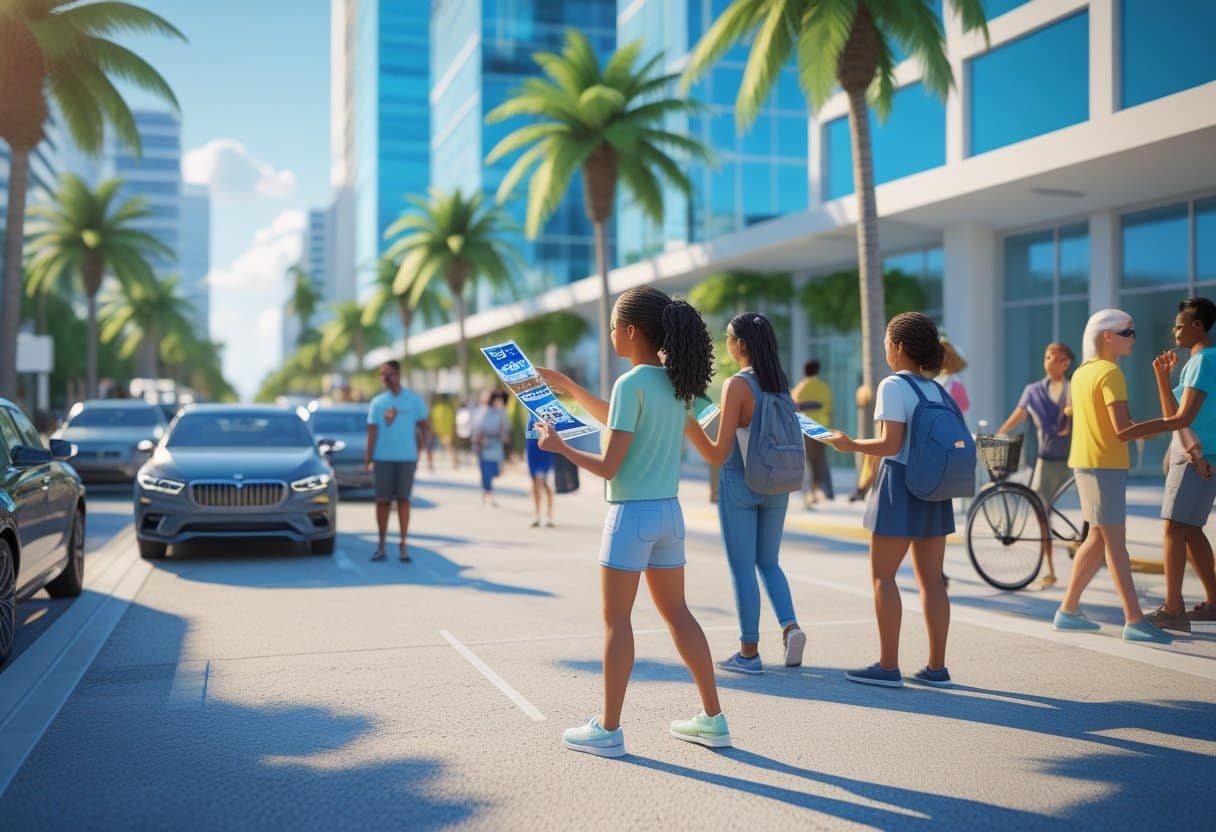 A person handing out flyers to people on a sunny street lined with palm trees and modern buildings.