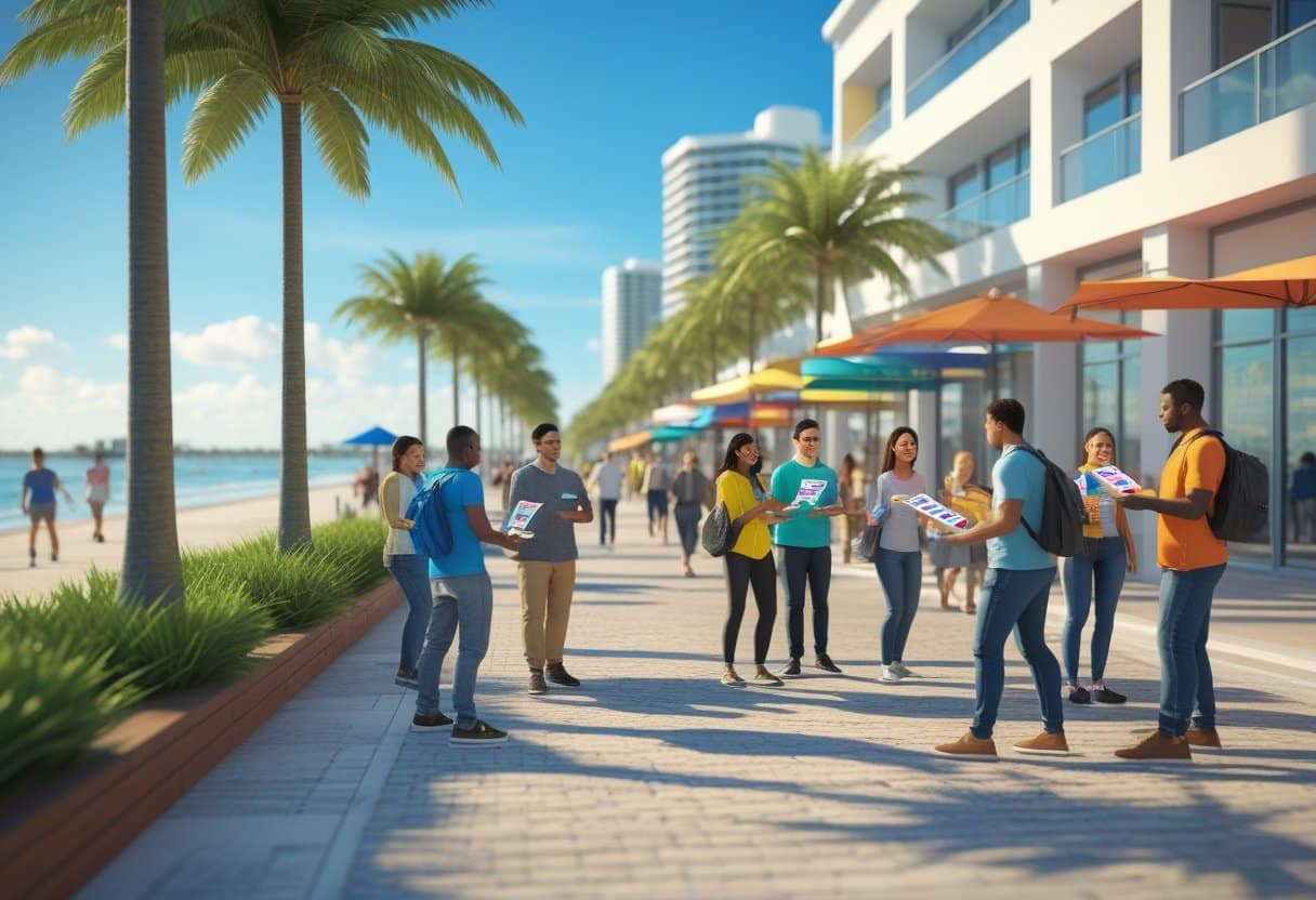 People handing out flyers to pedestrians on a sunny street in Fort Lauderdale with palm trees and buildings in the background.