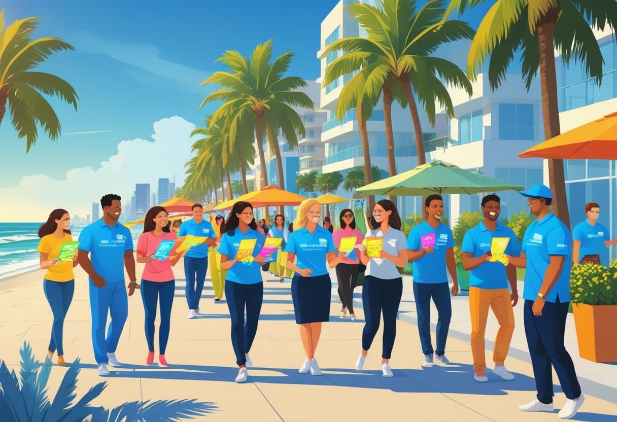 People handing out flyers to pedestrians on a sunny street near the beach with palm trees and ocean in the background.