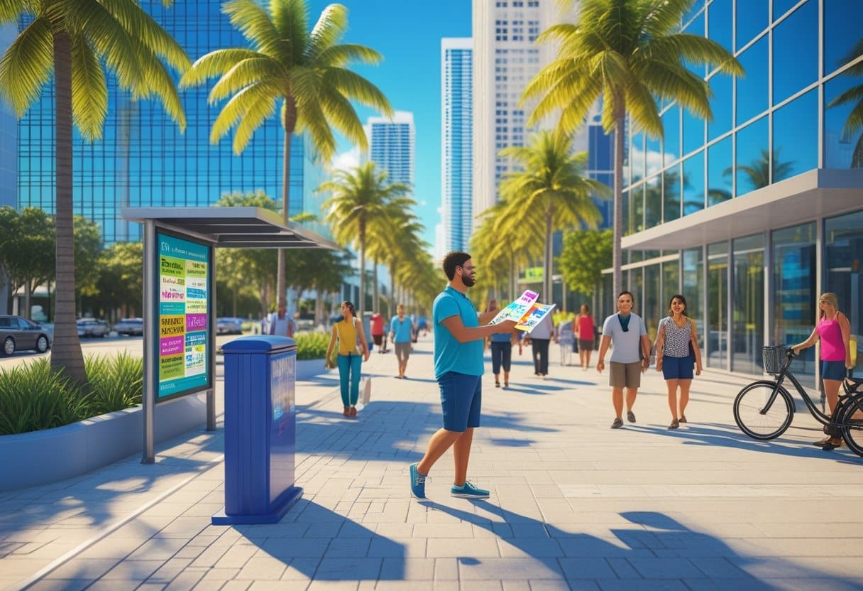 A person handing out flyers to pedestrians on a sunny street lined with palm trees and tall buildings.