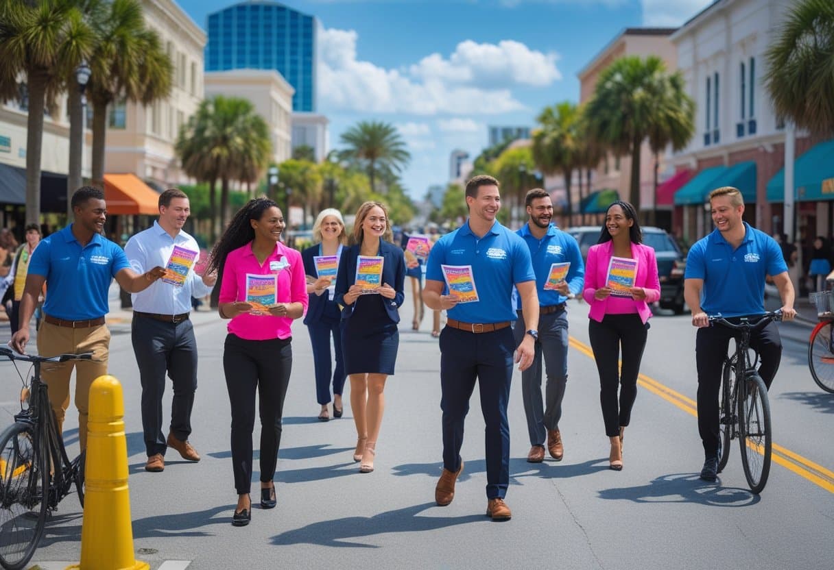 People handing out flyers to pedestrians on a busy street in Jacksonville with palm trees and city buildings in the background.