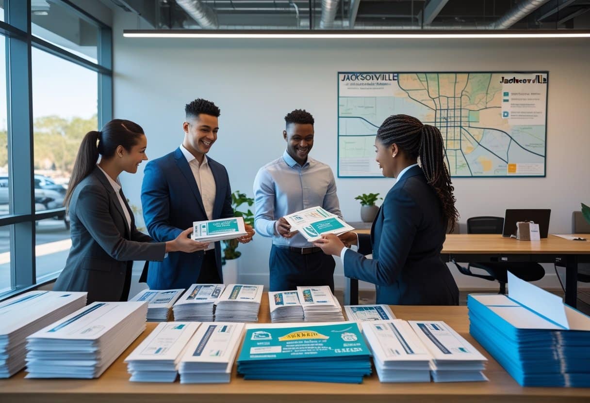 A team of marketing professionals preparing flyers and envelopes in an office with a map of Jacksonville on the wall.