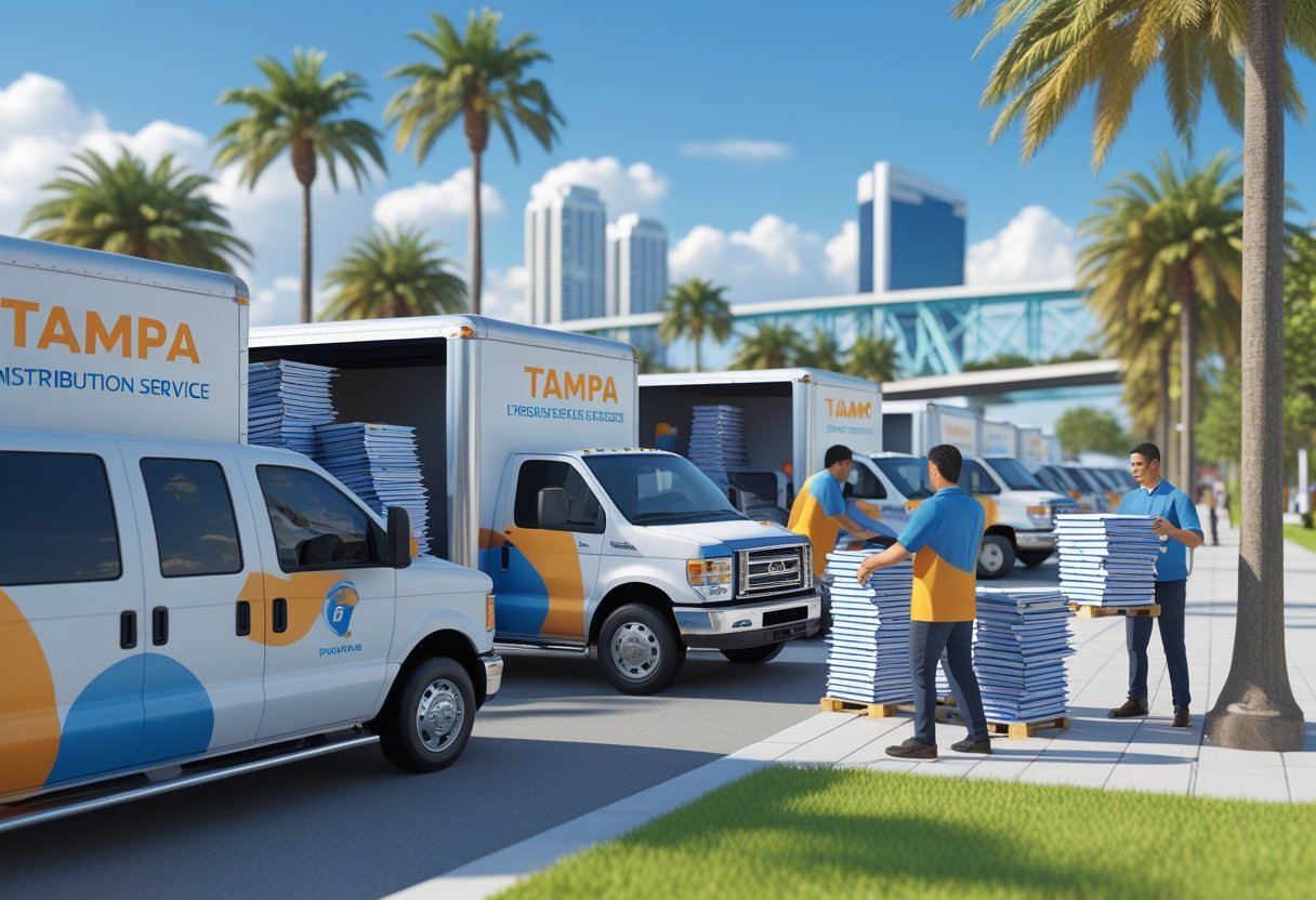 A scene showing delivery trucks and workers distributing flyers in a sunny urban area with palm trees and a city skyline in the background.