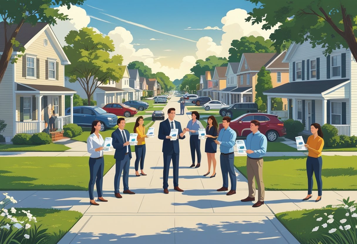 People distributing flyers to residents at their doorsteps in a suburban neighborhood with houses and trees.