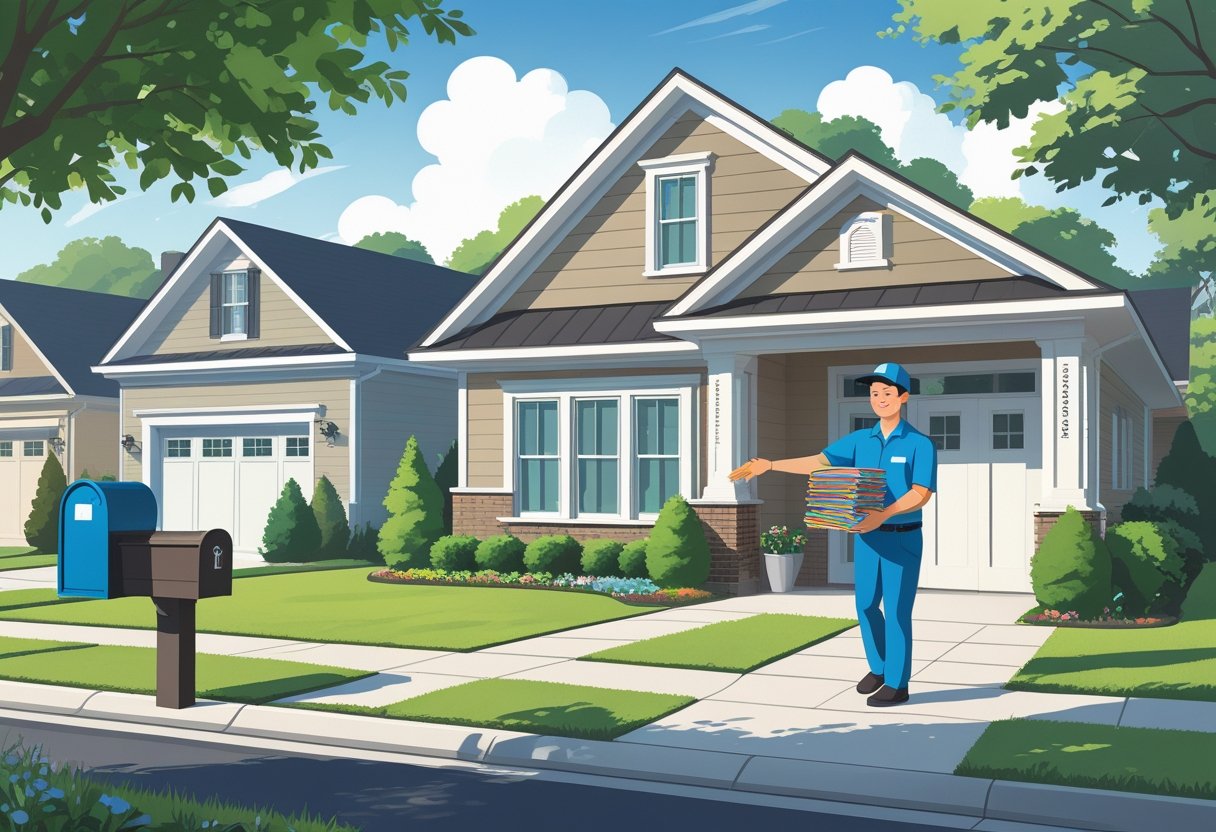 A delivery person handing flyers to a resident at a house in a quiet neighborhood with several homes and mailboxes.