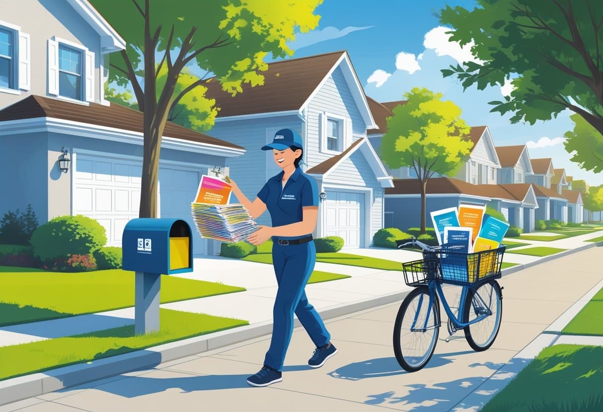 A delivery person placing marketing flyers into a mailbox on a residential street with houses and trees.