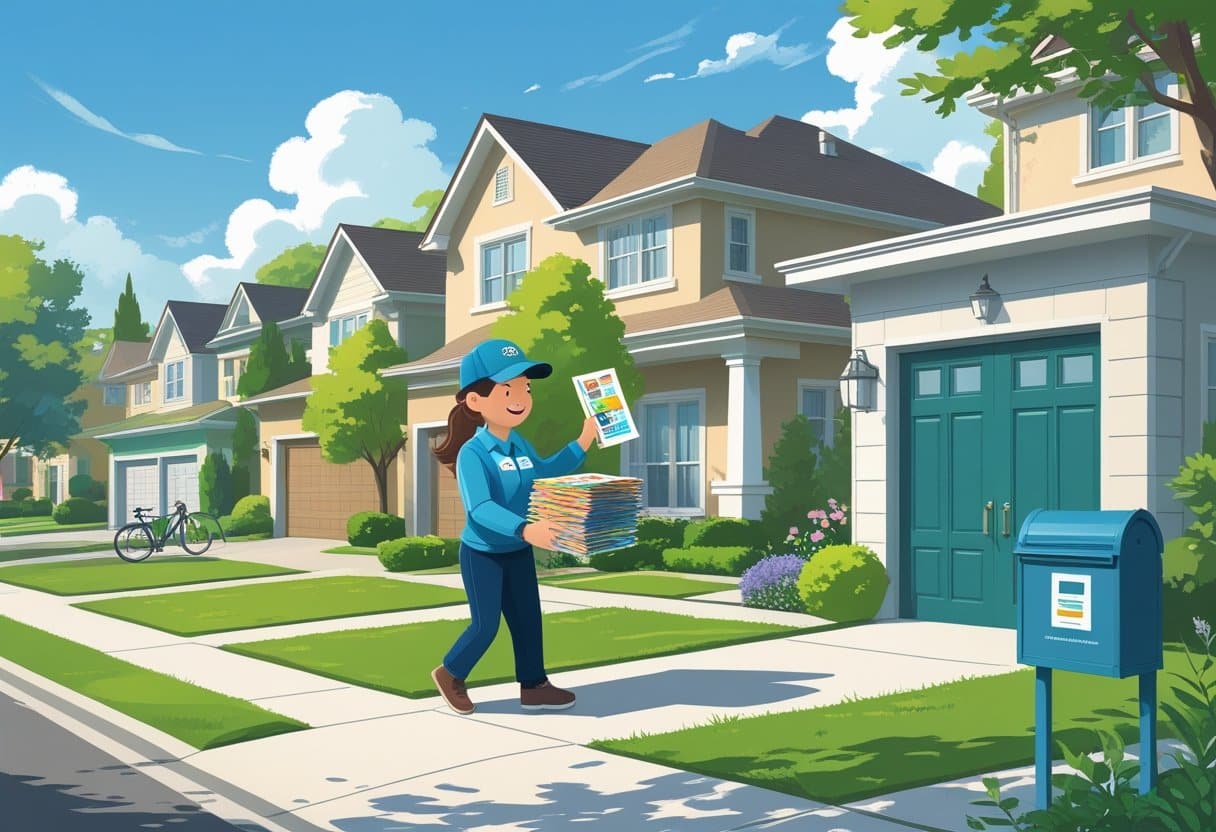 A delivery person placing flyers into mailboxes in a suburban neighborhood with houses and trees.