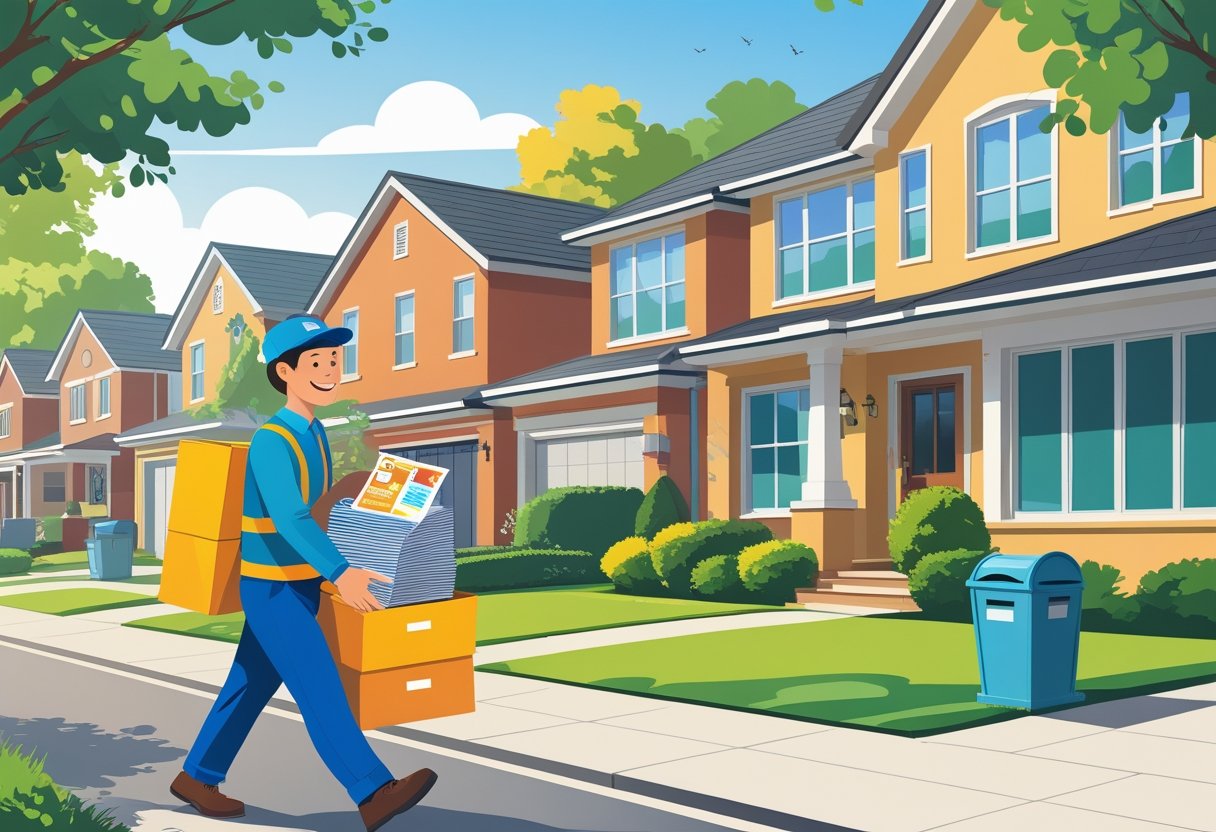 A delivery person handing flyers to a resident at the door in a suburban neighborhood.