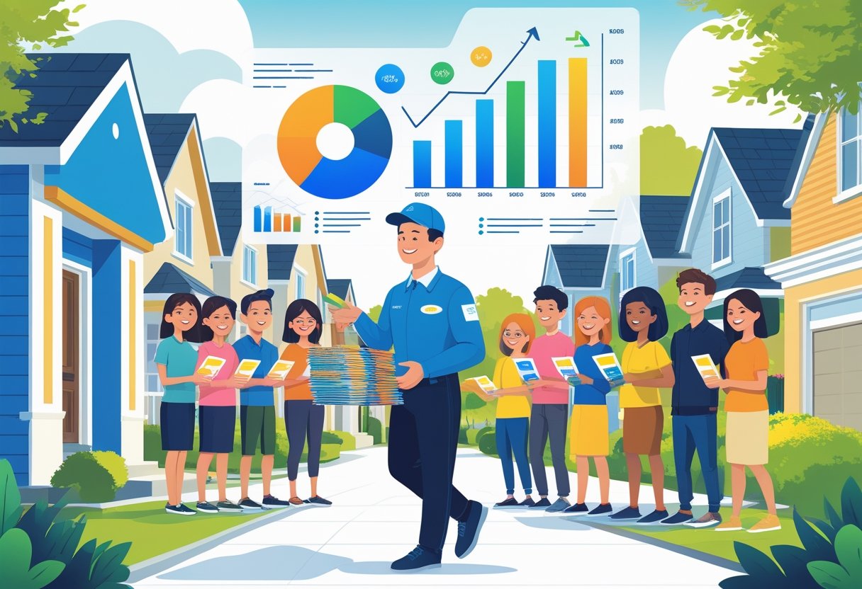 A delivery person handing flyers to homeowners at their front doors with digital charts and graphs overlayed showing measurement of results and ROI.