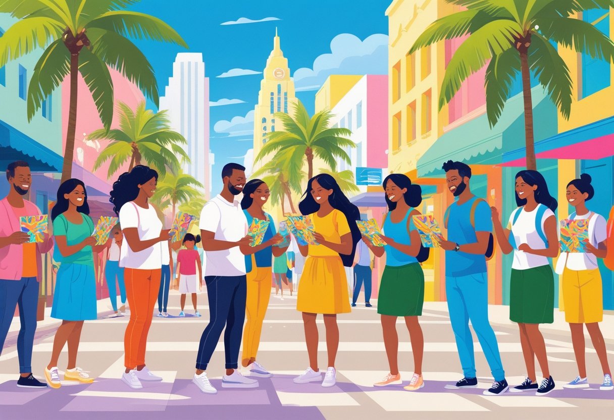 People handing out leaflets to others on a sunny street in Miami with palm trees and colorful buildings in the background.