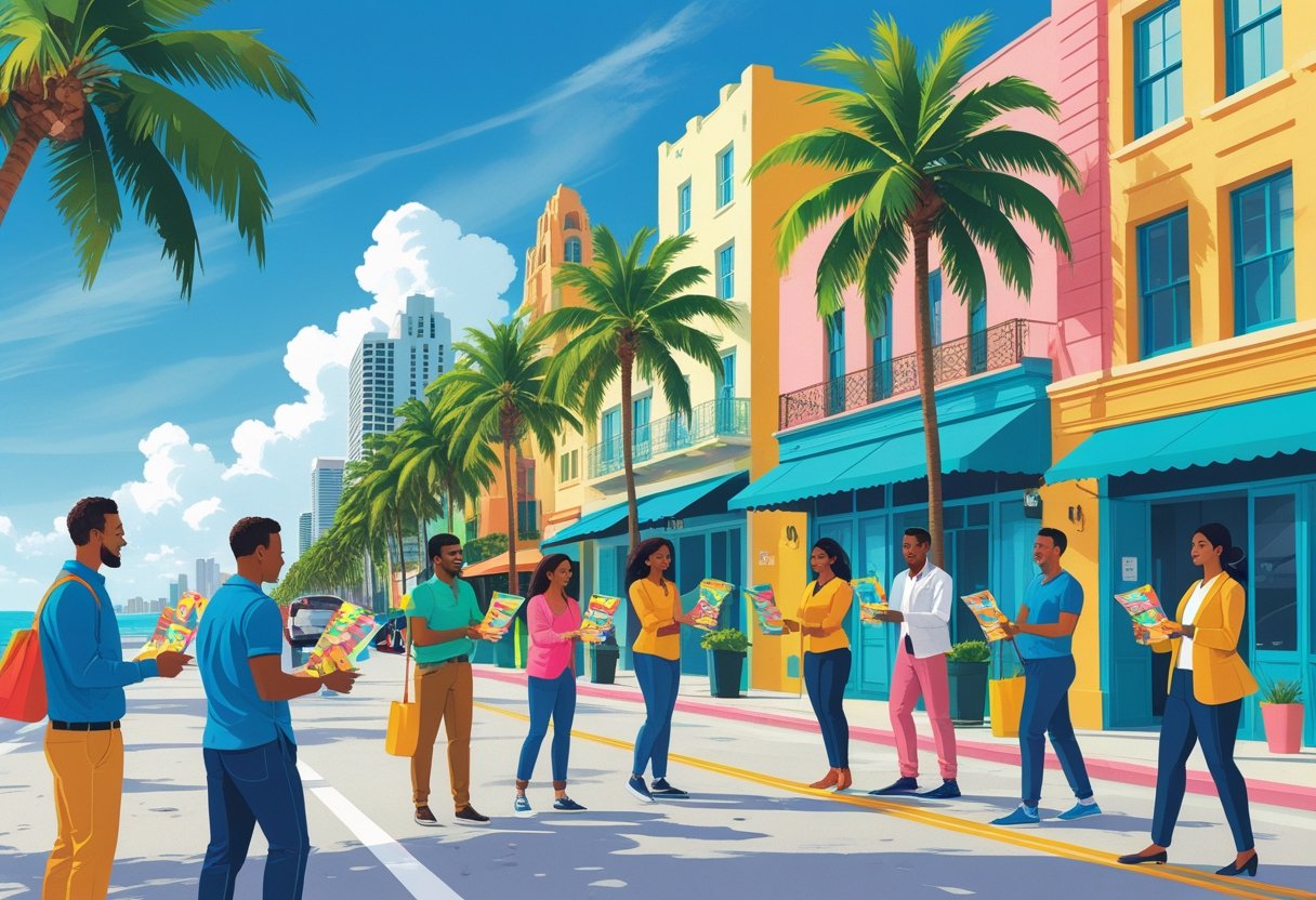People handing out colorful leaflets on a sunny street in Miami with palm trees and Art Deco buildings in the background.
