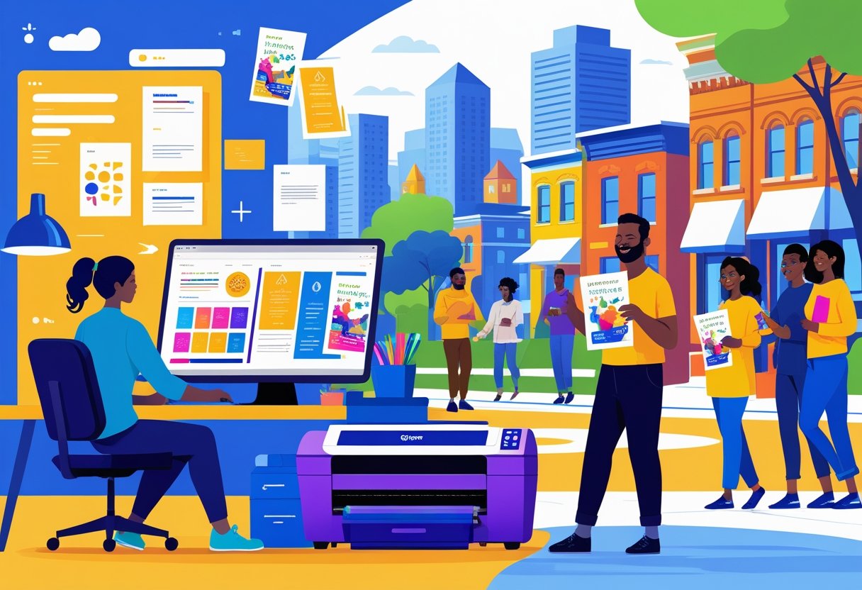 A graphic designer creating flyers on a computer, a printer producing colorful flyers, and a person distributing flyers to people in a Baltimore neighborhood.