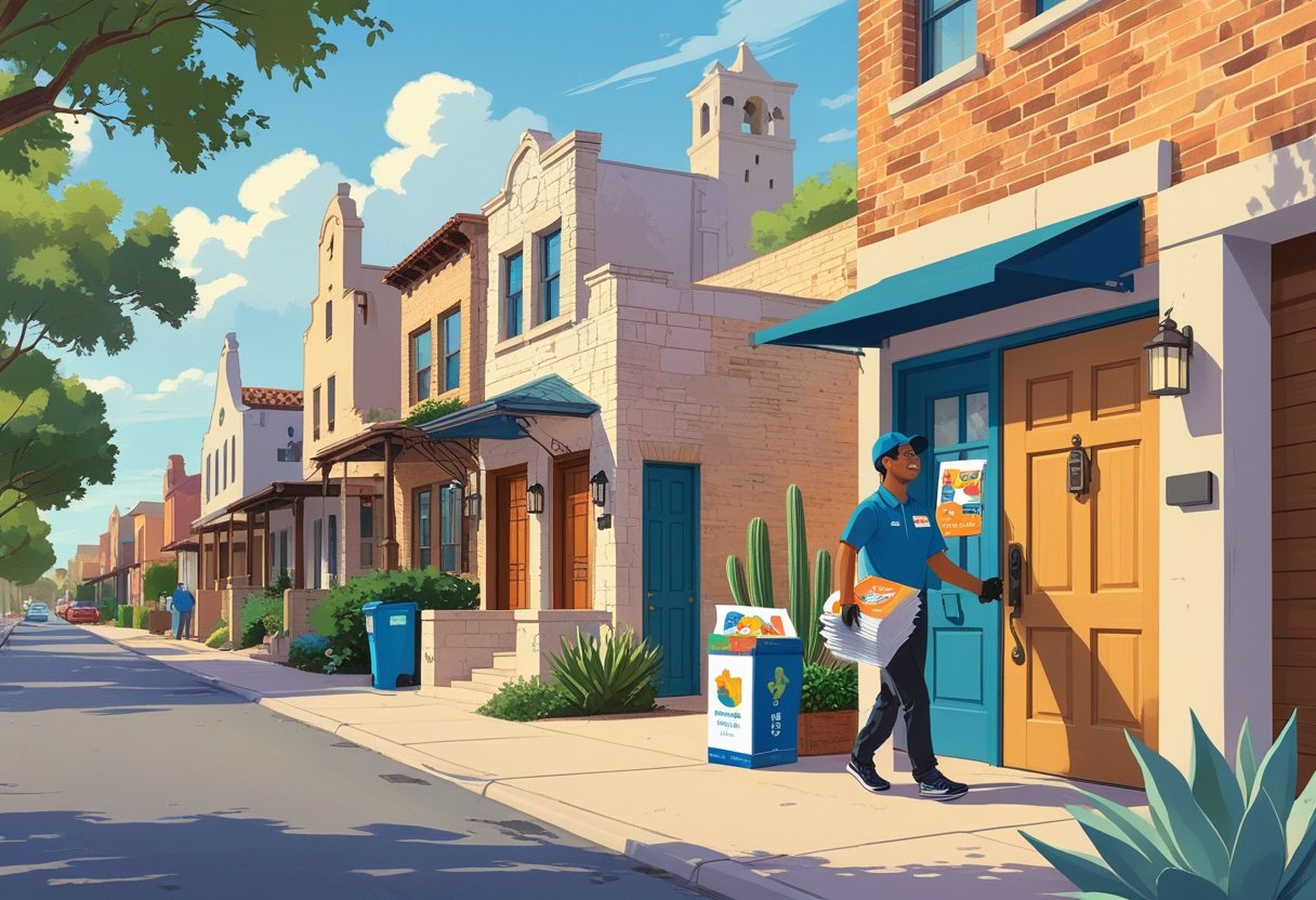 A delivery person distributing flyers and door hangers on a residential street in San Antonio with houses and local plants visible.