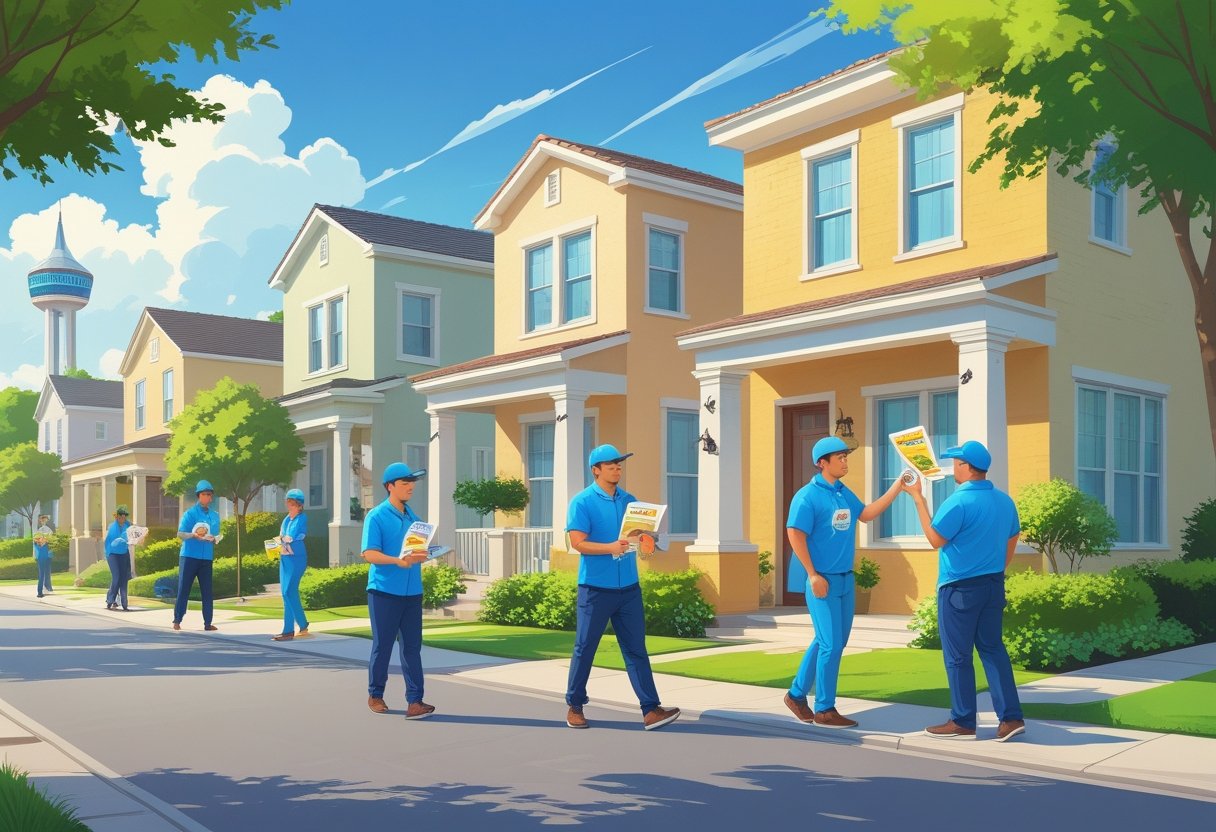 Delivery workers distributing flyers and door hangers in a sunny San Antonio neighborhood with houses and local landmarks in the background.