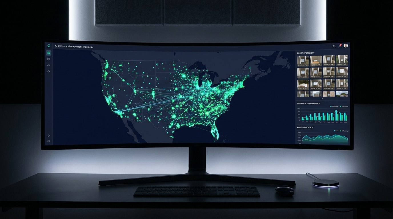 Direct to Door Marketing AI Management Platform dashboard showing nationwide delivery tracking and proof of delivery photos