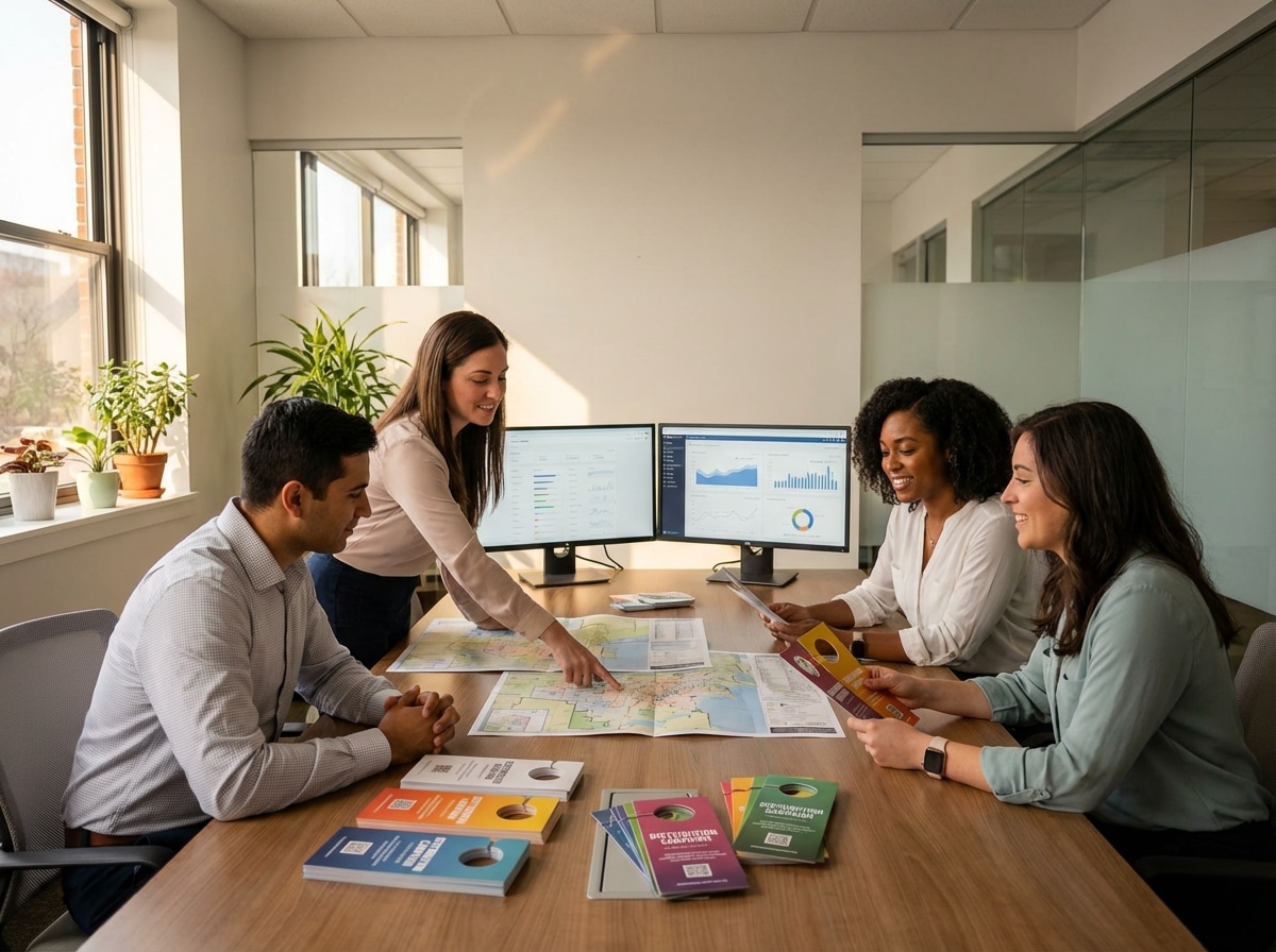 Direct to Door Marketing team reviewing distribution campaign materials in modern office
