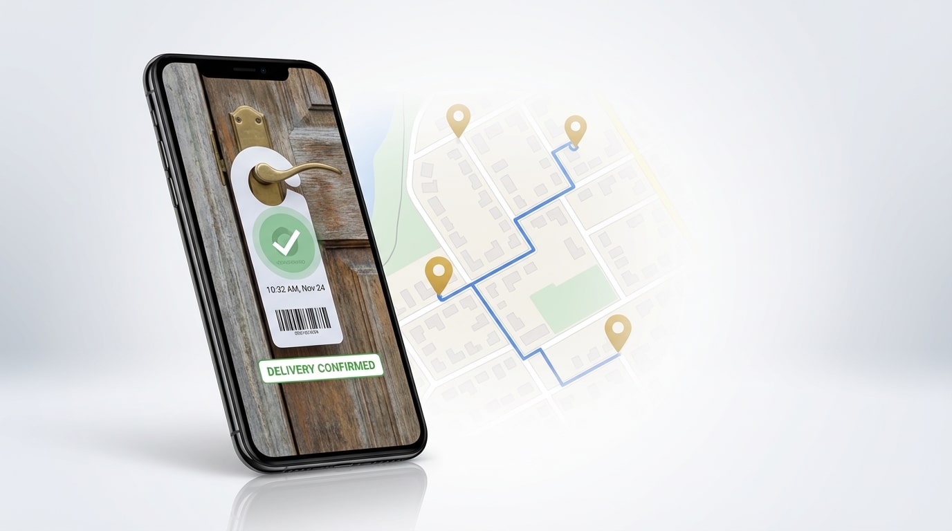 AI-powered proof of delivery system showing door hanger distribution verification with photo evidence