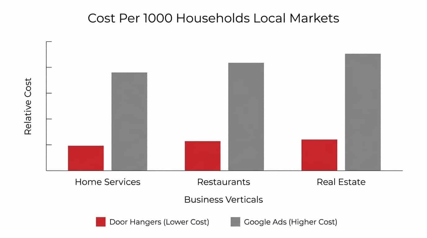 Bar chart comparing cost per thousand households reached for door hangers versus Google Ads in local markets