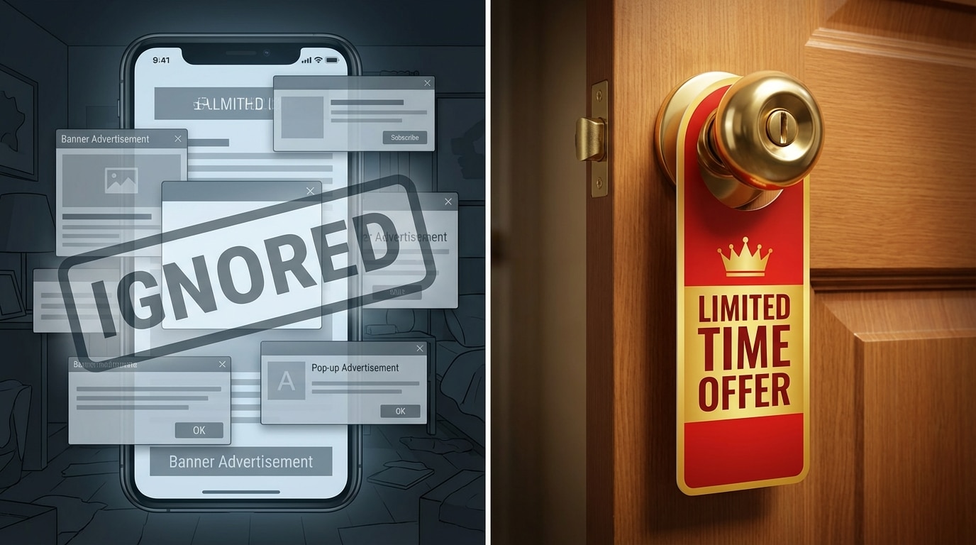 Split illustration showing cluttered digital ads being ignored versus a door hanger commanding physical attention