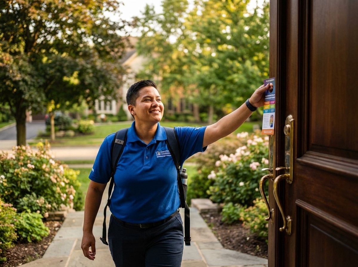 Professional distributor placing door hanger on residential front door in suburban neighborhood