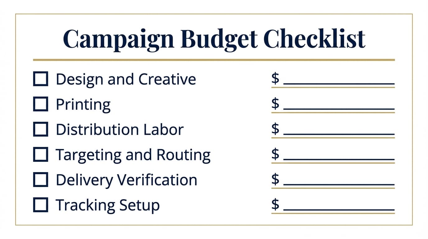 Door hanger campaign budget planning checklist with cost categories and optimization tips
