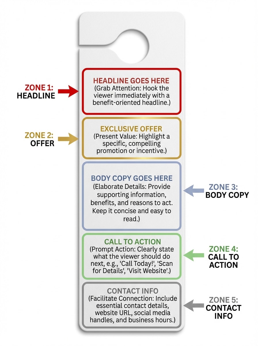 Labeled diagram showing the five copy zones of a high-converting door hanger: headline, offer, body copy, call to action, and contact info