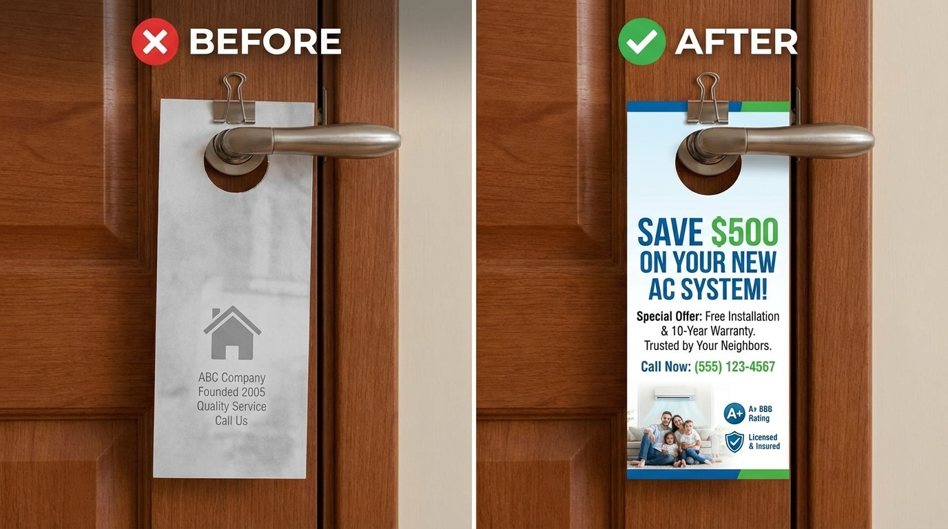 Before and after door hanger copy comparison showing weak generic copy versus strong benefit-focused copy