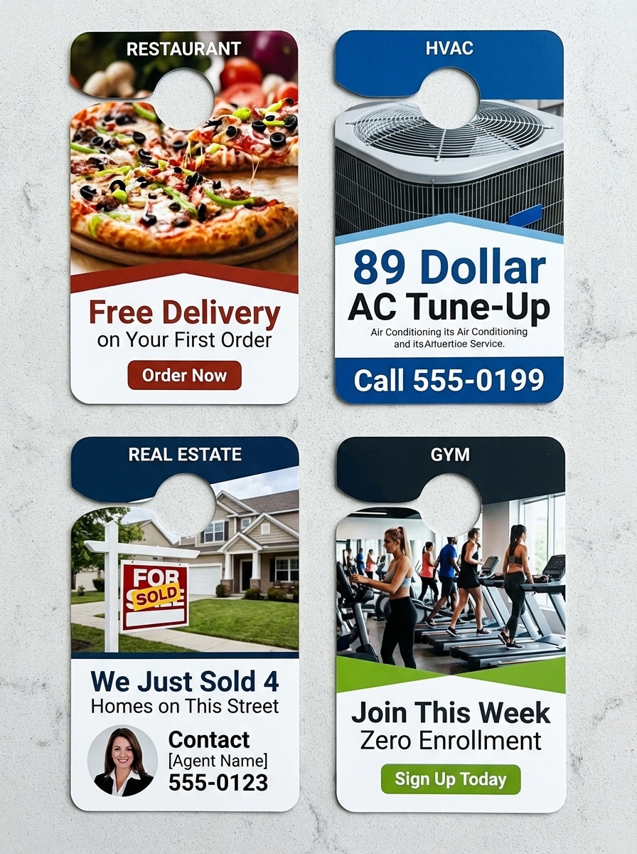 Four door hanger copy examples by industry showing restaurant, HVAC, real estate, and gym layouts with strong headlines and calls to action