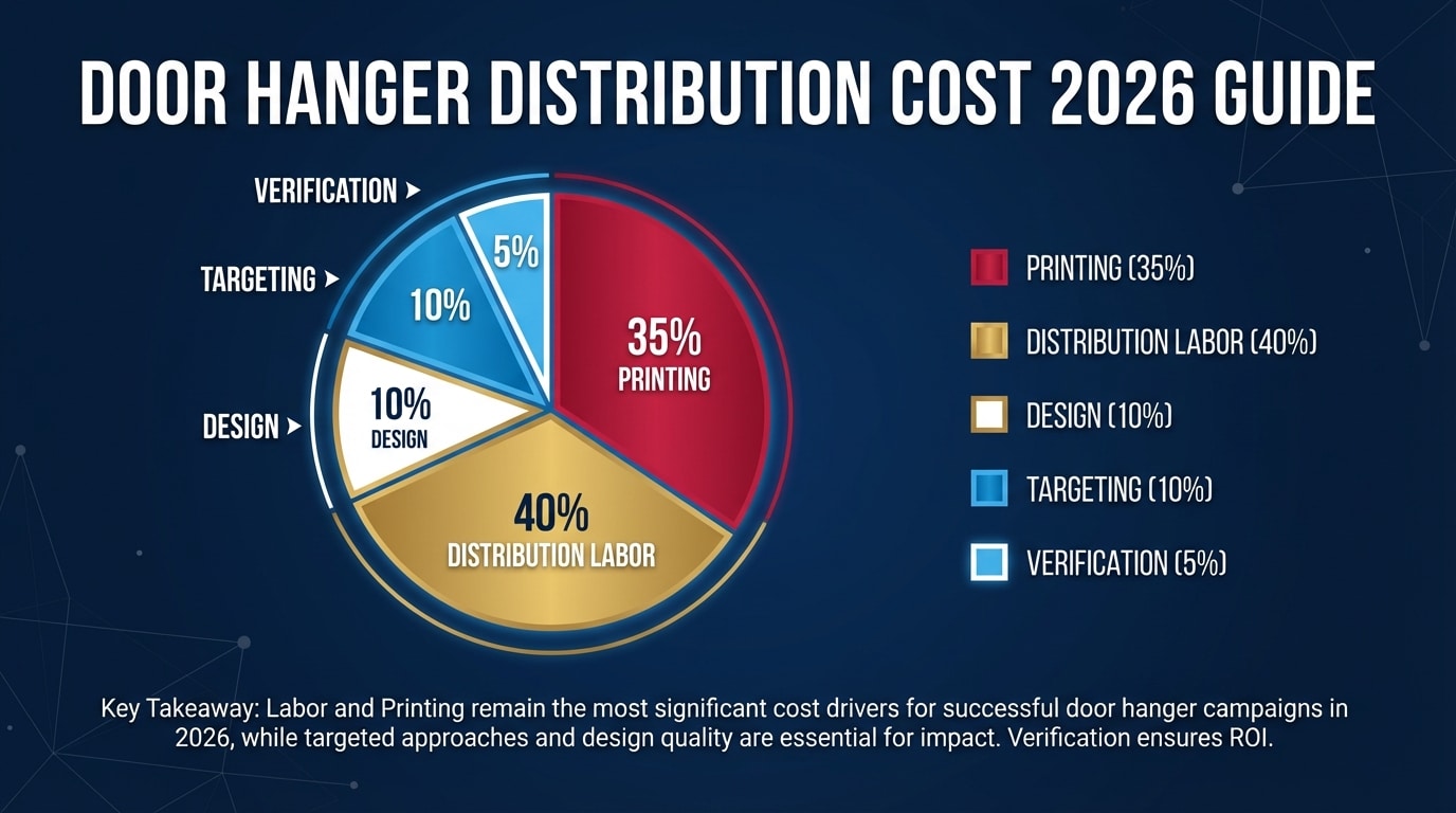 Door hanger distribution cost breakdown infographic showing 2026 pricing guide