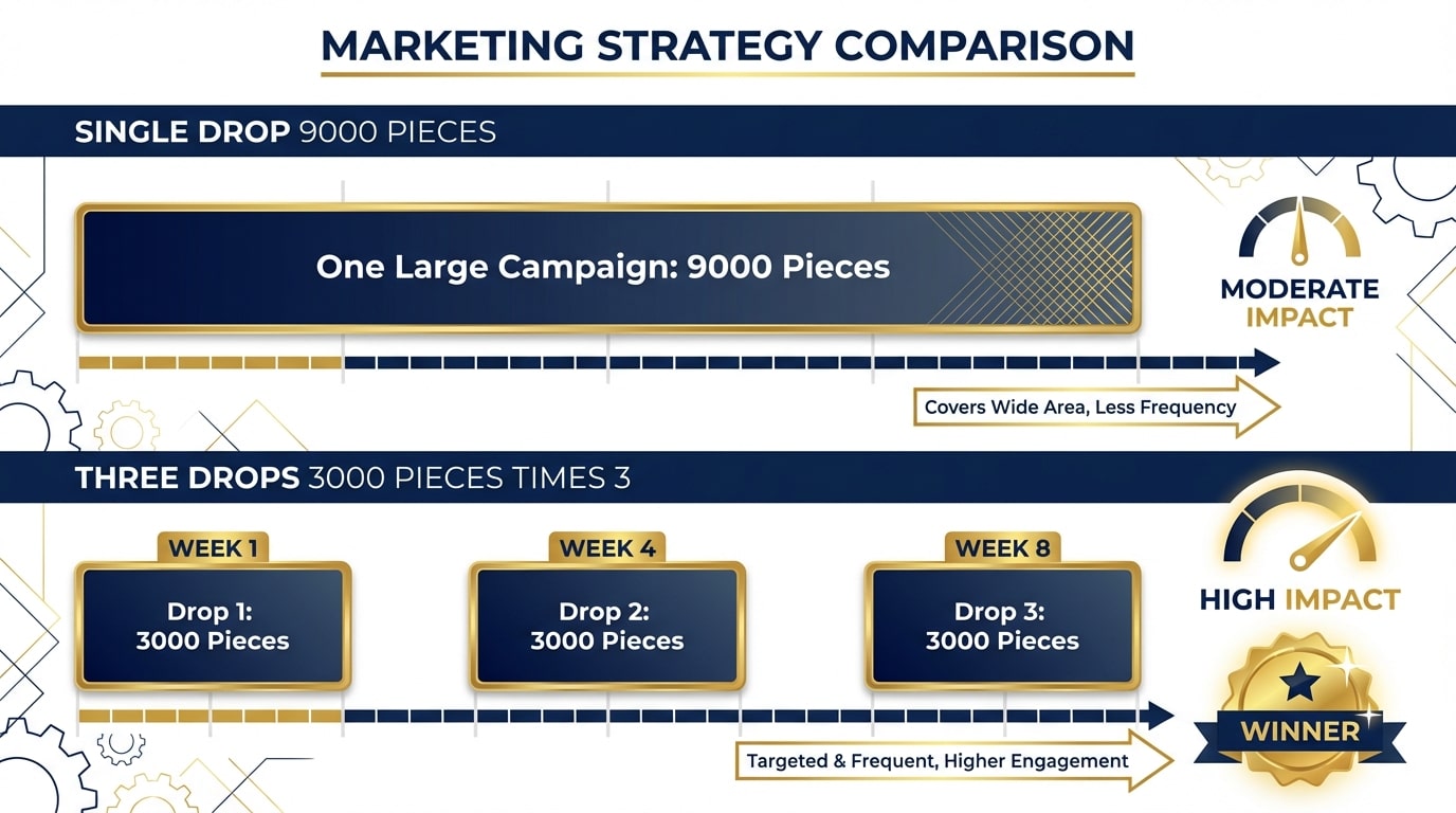 Door hanger frequency versus quantity strategy comparison showing single large drop versus multiple smaller drops over time