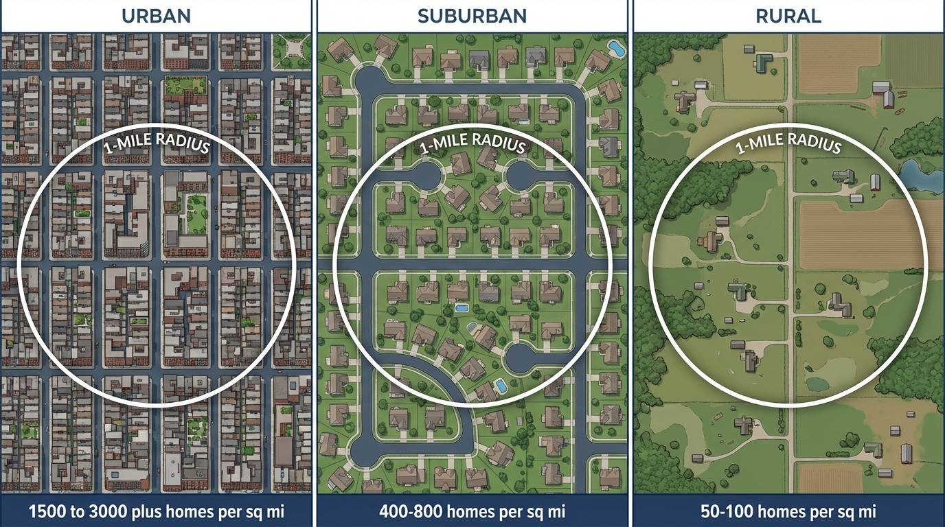 Three panels showing home density comparison for urban, suburban, and rural neighborhoods with door hanger quantity overlays