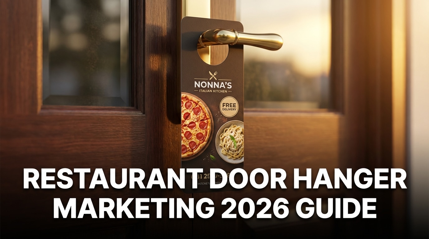Door hanger marketing guide for restaurants showing menu door hanger on residential door in 2026