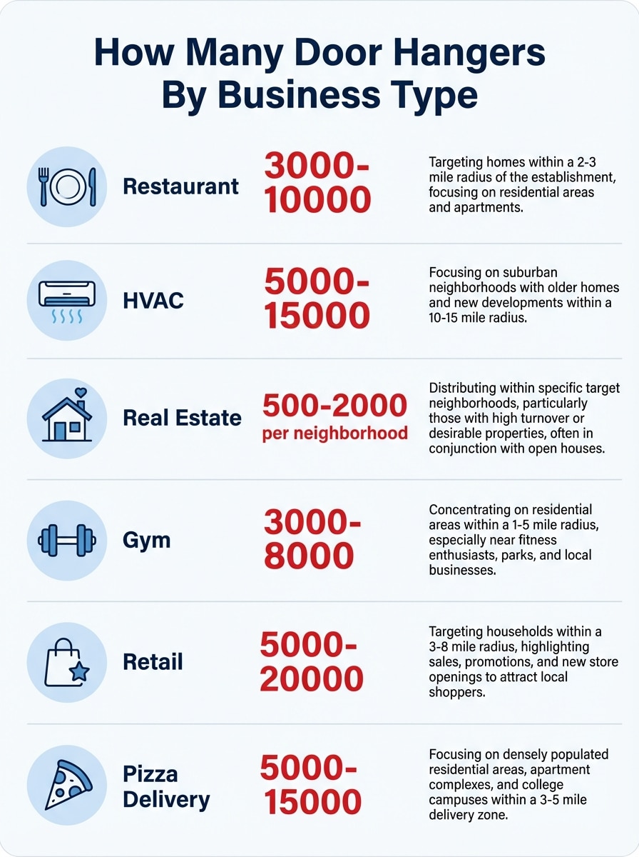 Infographic showing recommended door hanger quantities for six business types: restaurant, HVAC, real estate, gym, retail, and pizza delivery