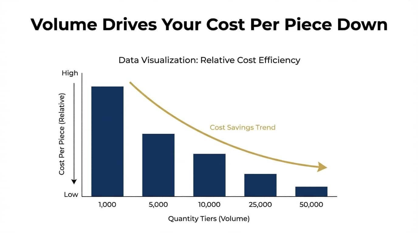 Bar chart showing door hanger cost per piece decreasing as campaign volume increases