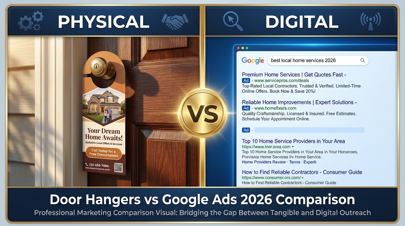 Door hangers vs Google Ads comparison showing physical marketing versus digital advertising for local businesses