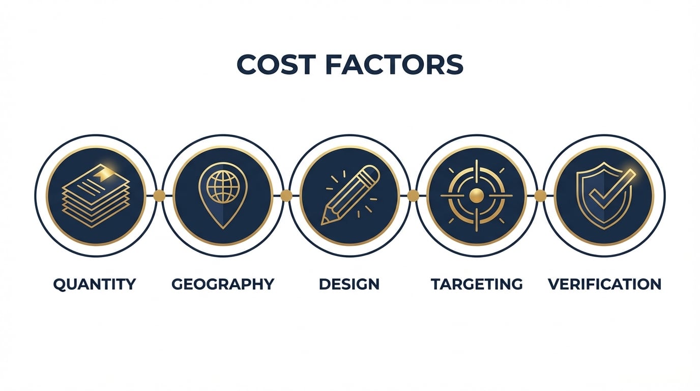 Five factors that affect door hanger distribution cost including quantity, geography, design, targeting, and verification