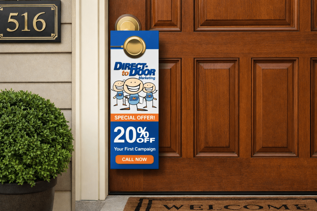 Marketing flyer attached to residential front door handle for direct-to-door advertising