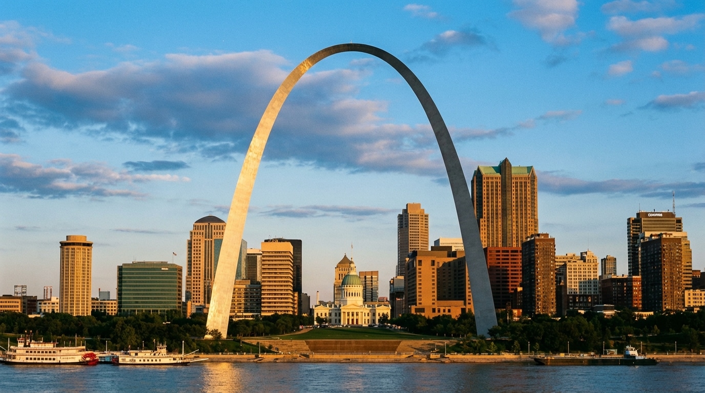 Gateway Arch and St. Louis downtown skyline along the Mississippi River - flyer distribution coverage area