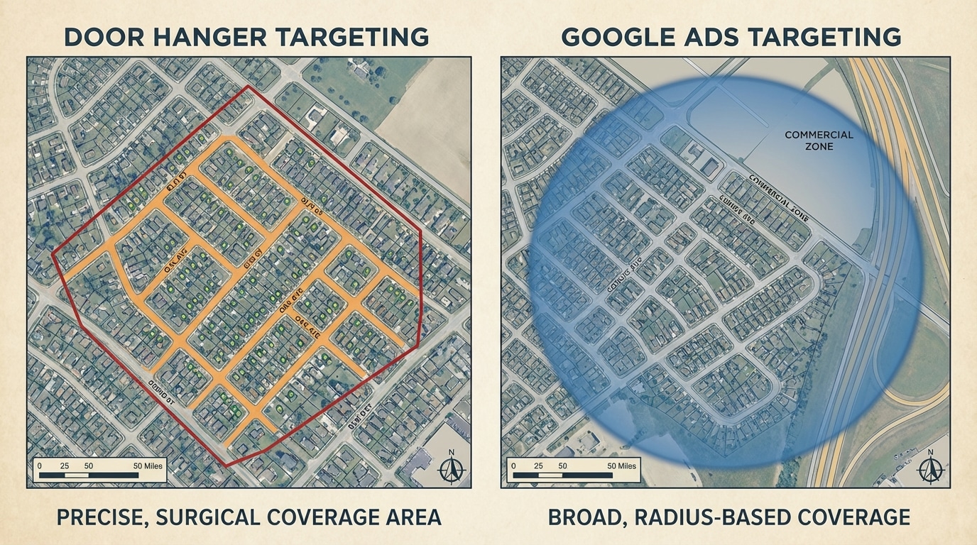 Map comparison showing precise neighborhood targeting with door hangers versus broader digital targeting zones