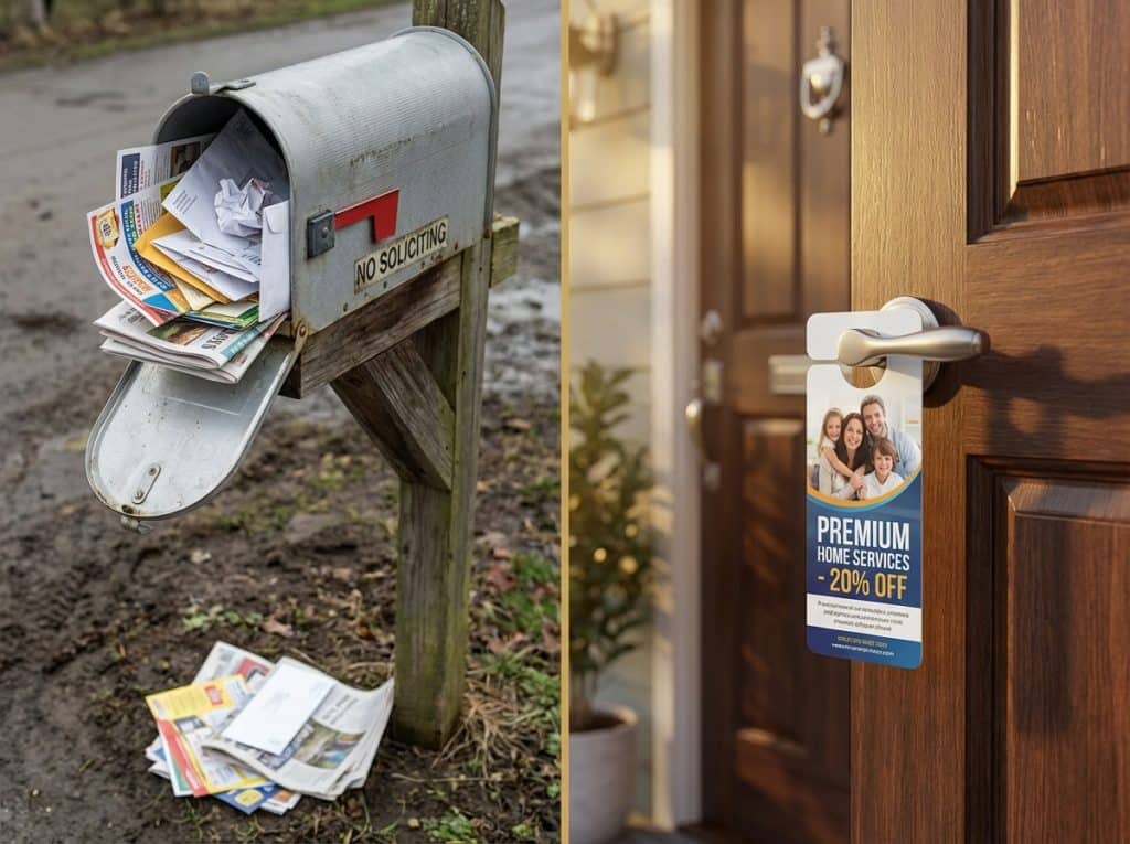 Door hanger on front door versus cluttered mailbox showing why door hangers beat direct mail marketing