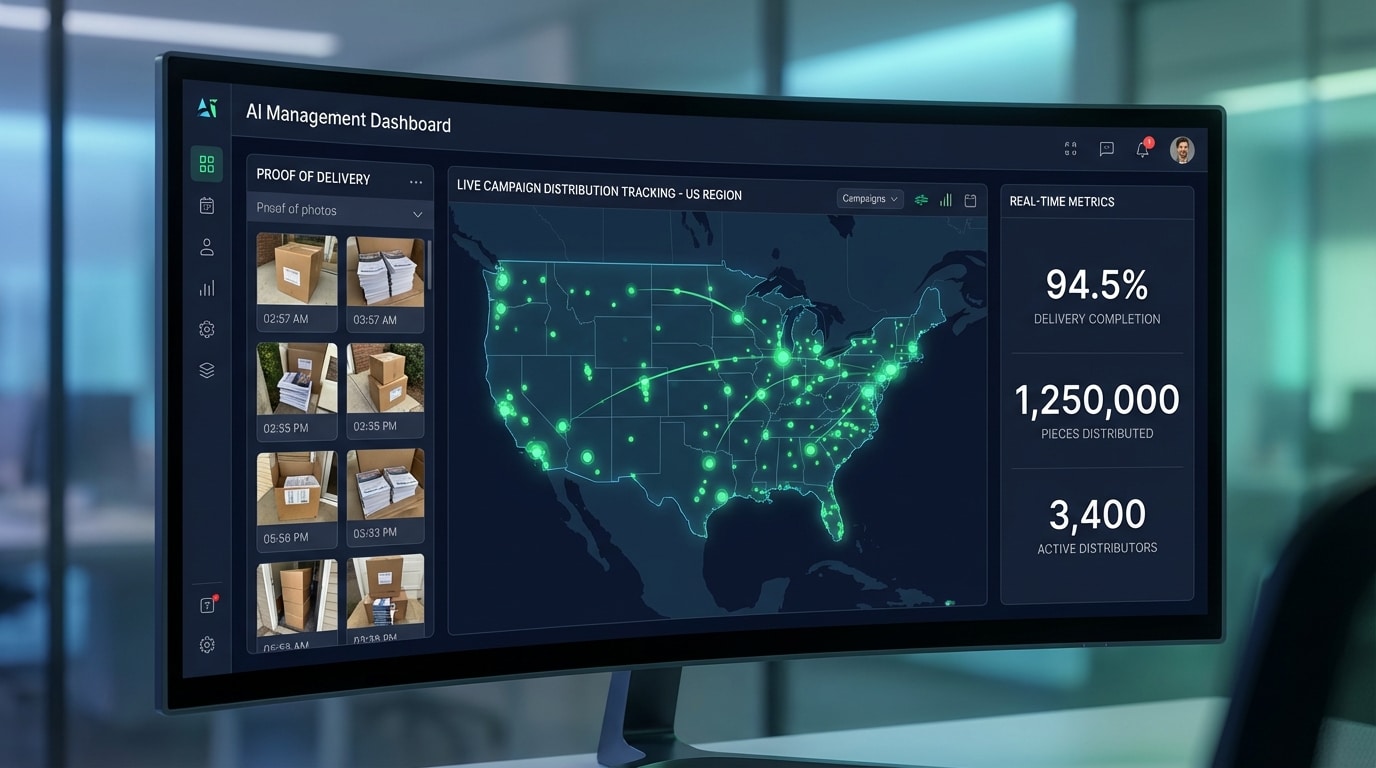 AI management dashboard showing political campaign distribution map with delivery tracking and proof of delivery photos