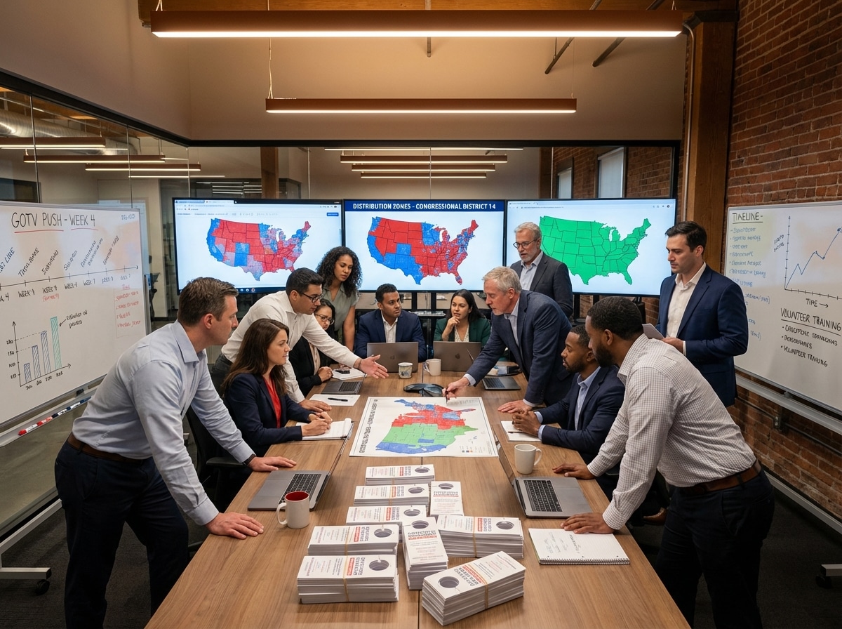 Campaign headquarters war room with team reviewing distribution routes on screens and stacks of door hangers ready for deployment