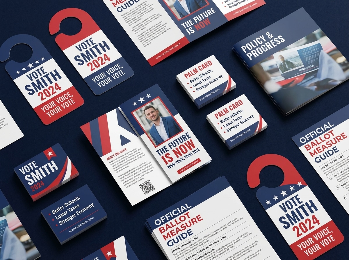 Flat lay arrangement of political campaign marketing materials including door hangers, flyers, palm cards, and brochures on dark surface