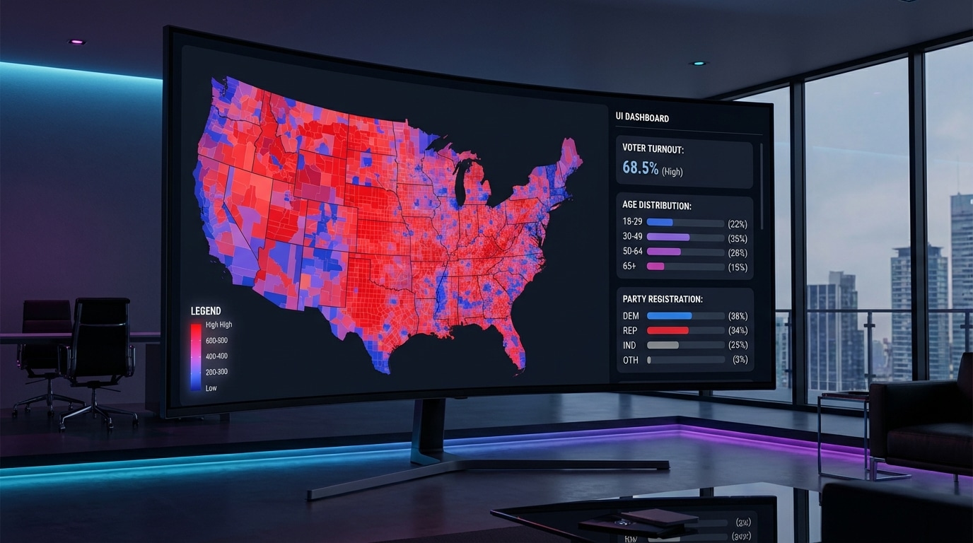 Professional data visualization showing US precinct map with color-coded voter segments and demographic overlay dashboard