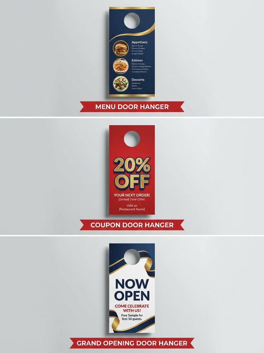 Three restaurant door hanger design examples showing menu-focused, coupon-focused, and grand opening layouts